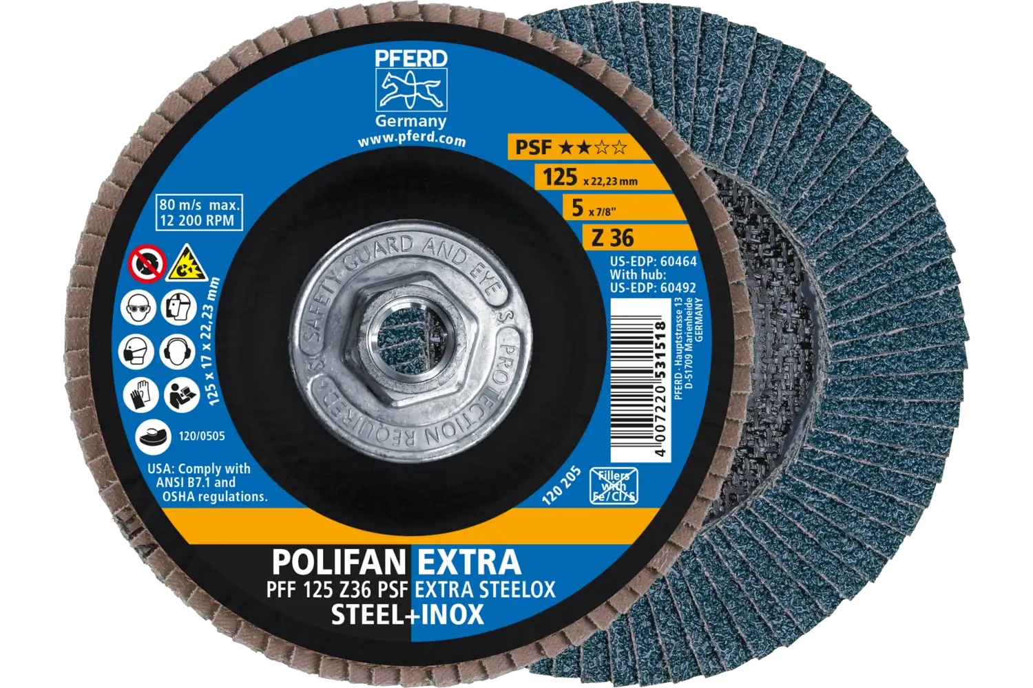 Picture of Pferd Flap Disc, 5" x 5/8-11, Z PSF Extra Steelox, 36 Grit, T27, Flat, Zirconia